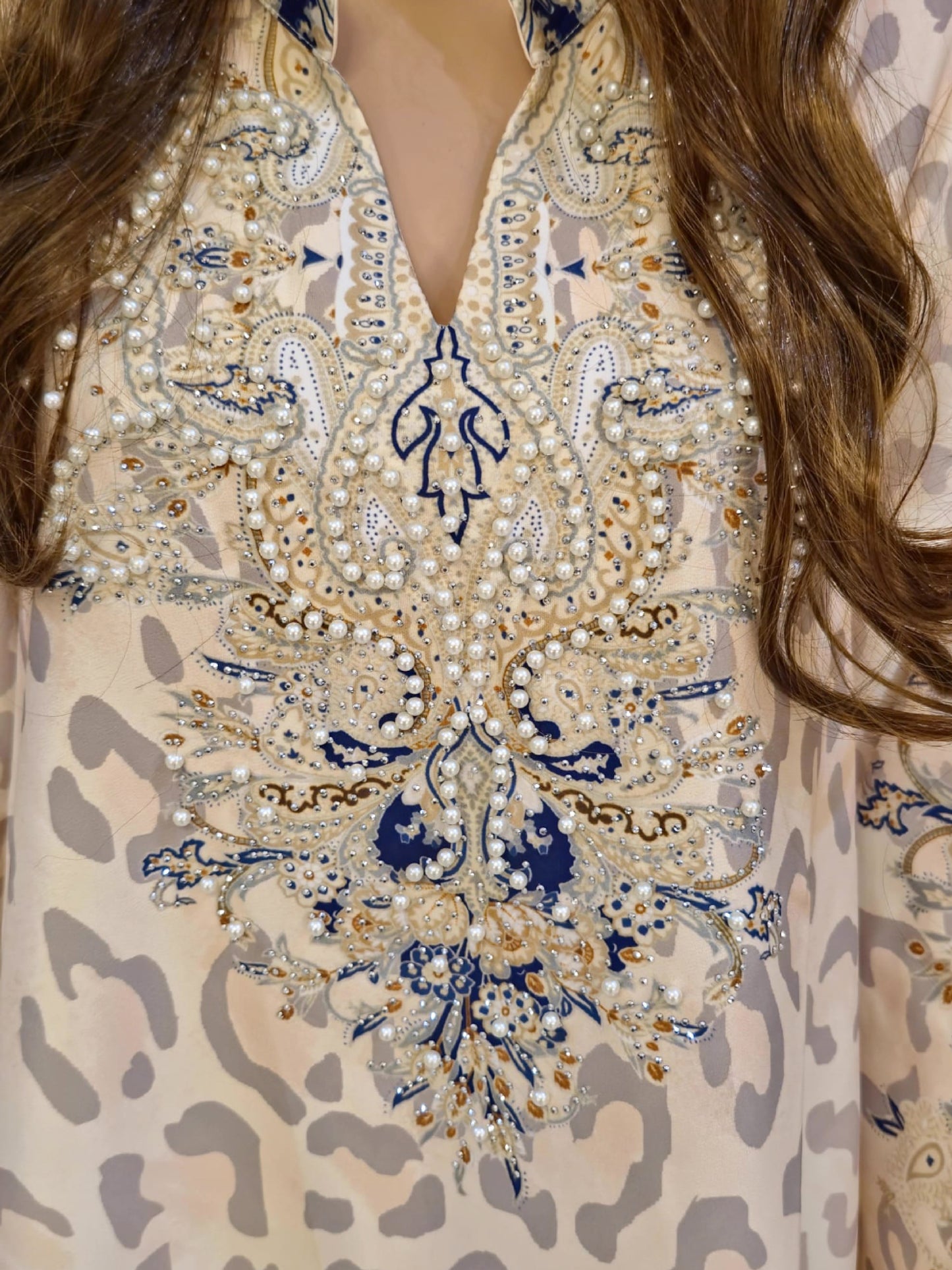 Beige Leopard Print with Blue Embroidery