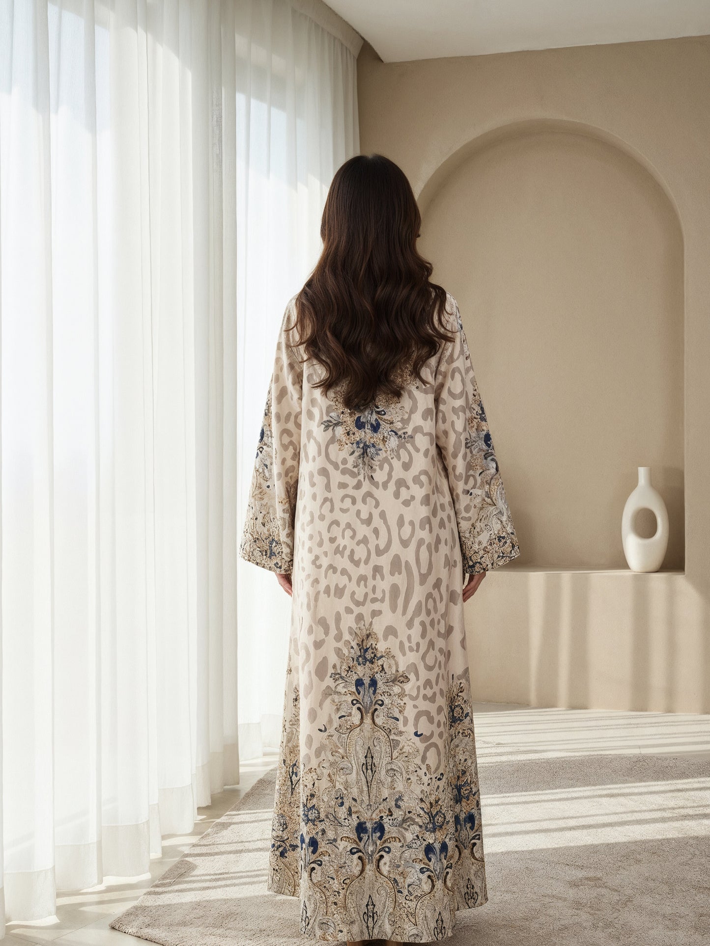 Beige Leopard Print with Blue Embroidery