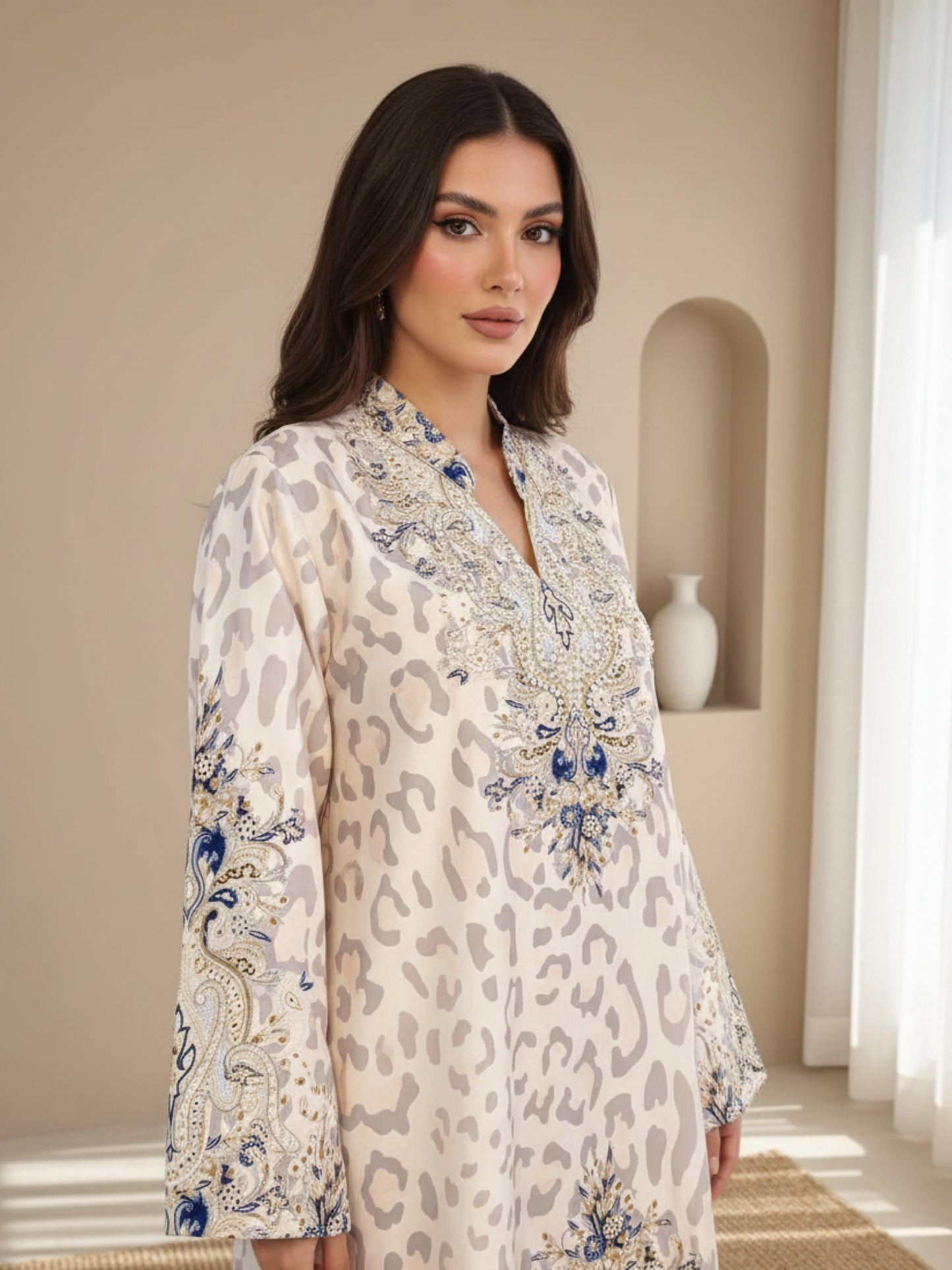 Beige Leopard Print with Blue Embroidery