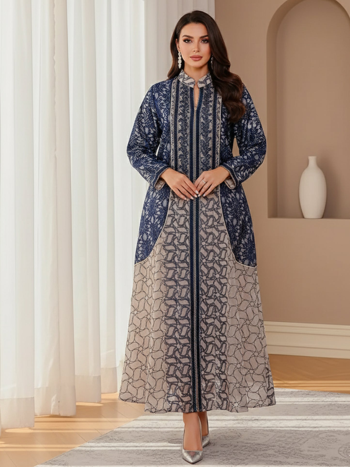 Beige with Navy Pattern