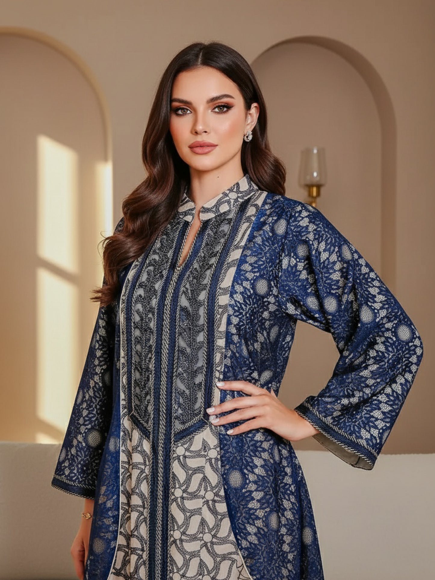 Beige with Navy Pattern